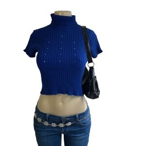 Vintage 90s Y2K Cobalt Blue Rhinestone Short Sleeve Turtleneck Top Womens XS S